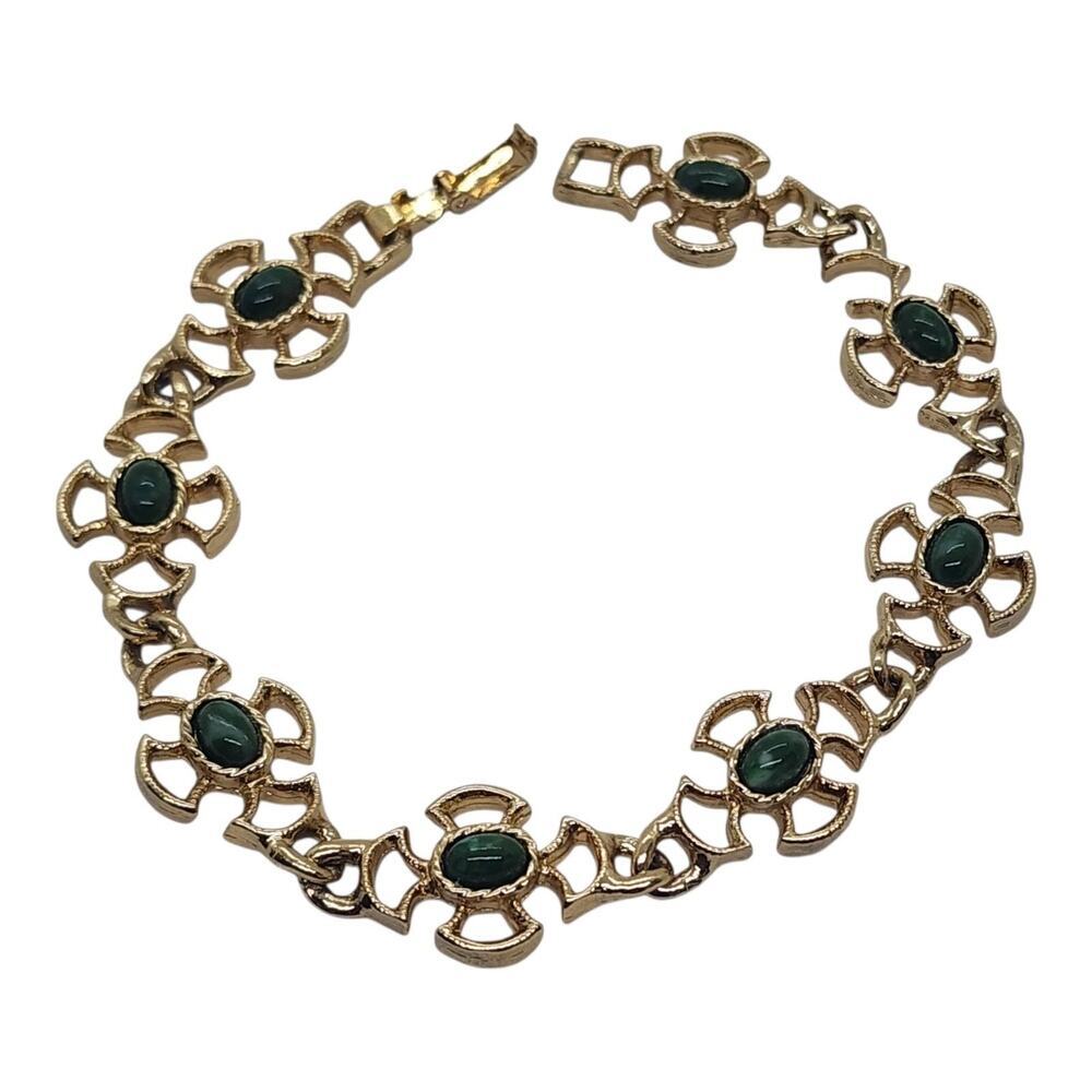 Vintage Avon Green Faux Jade Cabochon Floral Link Bracelet Gold Tone